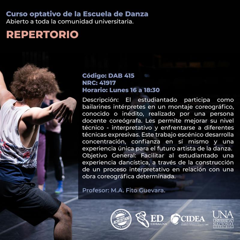 La escuela de Danza comunica a toda la población estudiantil que oferta los siguientes cursos optativos.   Repertorio